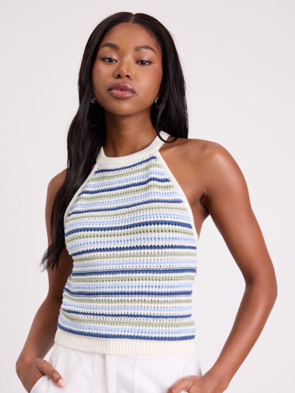 Lulus Farida Ivory And Blue Striped Crochet Tank Top White - Size M